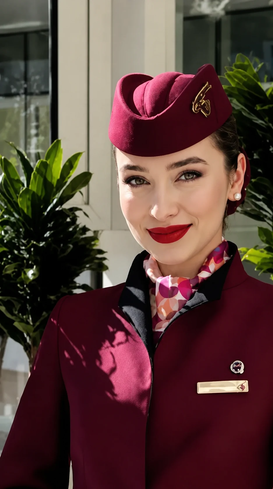 カタール航空の客室乗務員の制服を着たChihiroさん。